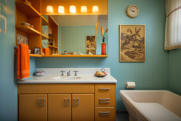 Step back in time to a vibrant 1950s-inspired Mid-Century Modern bathroom, beautifully renovated with retro wallpaper, atomic-era fixtures, and a touch of nostalgic charm.