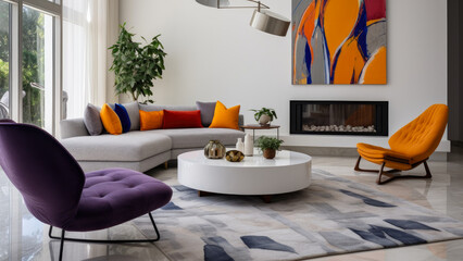 An elegantly designed modern living room with cozy furniture, vibrant colors, and contemporary decor, creating an inviting atmosphere with comfortable seating, statement pieces, and functional design