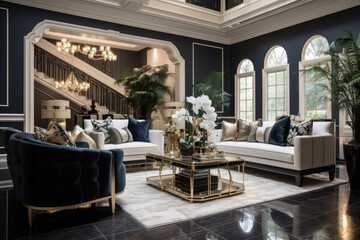Step into the opulent world of vintage Hollywood glamour with a luxurious living room adorned in elegant décor, featuring plush tufted furnishings, crystal chandeliers