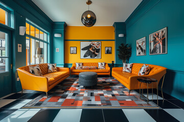 Transport yourself to a groovy retro hallway with vibrant colors, vintage decor, and statement pieces, exuding a nostalgic ambiance and retro elegance.