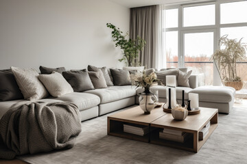 A Spacious and Cozy Living Room with Elegant Furniture, Chic Decor, and Natural Lighting, Featuring Beige and Gray Tones for a Modern and Relaxing Ambiance.