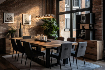 Fototapeta na wymiar An Urban Chic Dining Room with Exposed Brick, Industrial Elements, and Stylish Lighting, Creating a Sophisticated and Contemporary Ambiance.
