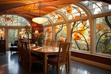 Immerse in the captivating ambiance of a luxurious Art Nouveau dining room, adorned with vibrant colors, organic shapes, and artistic motifs, showcasing exquisite craftsmanship, elegant furniture