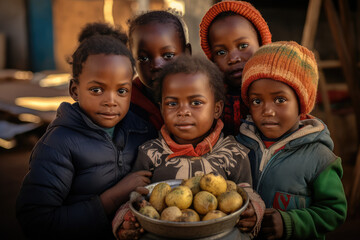 a group of young children in africa eat food in a dirt floor