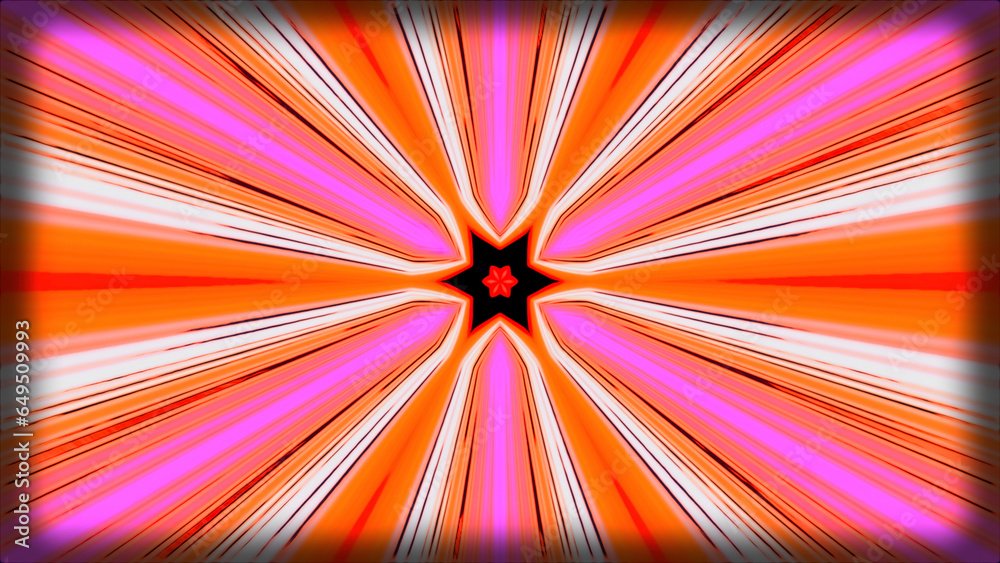 Poster psychedelic animation with bright flower pattern and tunnel. motion. retro pattern with hippie flowe