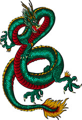 Obraz premium Japanese red dragon tattoo.Dragon on red background for Chinese New Year.Gold Chinese Dragon vector.Gold line art King Dragon tattoo.cartoon vector for t-shirt.