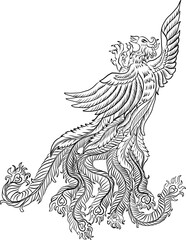 Beautiful line art of Phoenix for tattoo design on background.Phoenix vector for printing on shirt.Phoenix vector illustration for doodle art and coloring book on white isolated background.