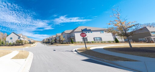 Panorama large and quiet residential street downhill upscale neighborhood with two and three story new development suburban single family home suburbs of Atlanta, Georgia, USA - obrazy, fototapety, plakaty
