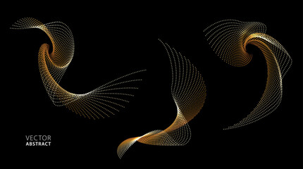 Set of Gold Wavy Graphic Elements. Dotted Shapes.  Abstract Vector Illustration.
