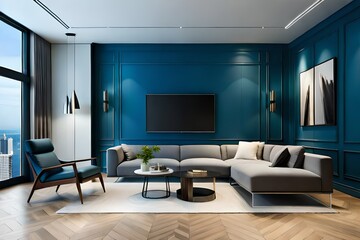 TV on cabinet in modern living room with blue wall background, 3d rendering