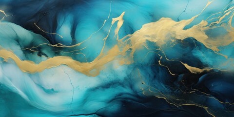 a painting with blues, golds and black swirls background, generative AI
