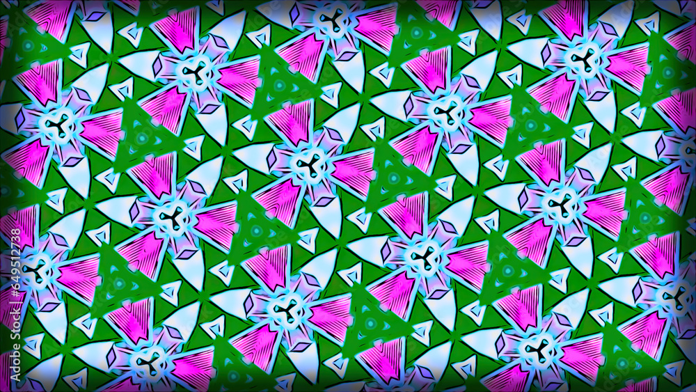 Poster bright kaleidoscopic pattern with geometric shapes. motion. lots of figures flashing in bright kalei