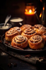 Hot fresh sweet homemade homemade cinnamon rolls or buns pastries covered sugar powder. Sweet rolls with cocoa filling. Bakery for the Thanksgiving party. Cozy autumn or winter concept