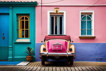 Fototapeta premium Famous bright color retro car parked by colorful houses in Bo Kaap district in Cape Town.