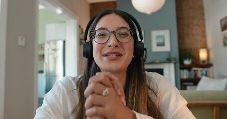 Woman, face and video and call center for work from home, e learning support or virtual communication. Consultant, agent or person in headphones waves hello in online meeting, webinar and contact us - Powered by Adobe