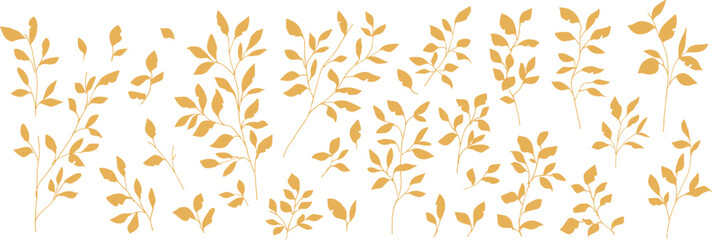 葉っぱのベクターイラスト。手描きの秋の植物背景。ナチュラルな草木イラスト。Vector illustration of leaves. Hand drawn autumn plants background. Natural grass and trees illustration.
