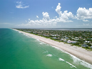 Aerial ocean and beach views on a beautiful sunny Summer day in Melbourne Beach, Florida - obrazy, fototapety, plakaty
