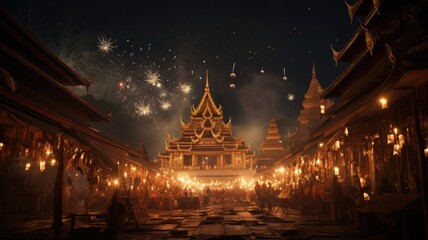 Thailand festival celebrating with night sky background. - obrazy, fototapety, plakaty