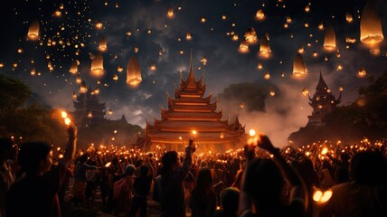 Thailand festival celebrating with night sky background. - obrazy, fototapety, plakaty