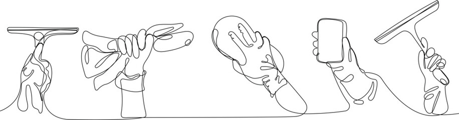 Continuous one line drawing of hand wearing rubber gloves cleaning surface with microfiber cloth or sponge and disinfectant spray during quarantine due. Easy to place your text and brand logo
