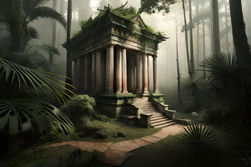 Ancient Ta Promh temple in the jungle, Cambodia. Digital painting.