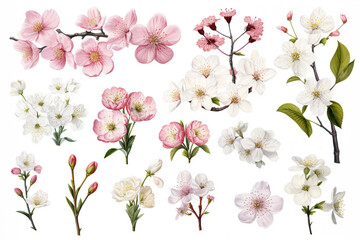 Pink and white sakura flower on white background. Cherry blossom branch with sakura flower. Watercolor illustration.
