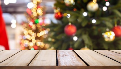 Free photo empty christmas table background with christmas tree out of focus for product