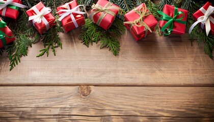 Christmas twig and present boxes on wooden board
