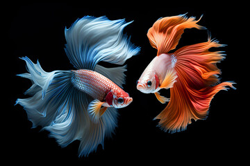 Fototapeta premium Two Siamese fighting fish isolated on black background. 