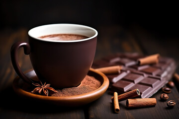 A cup of hot chocolate on wooden table. 
