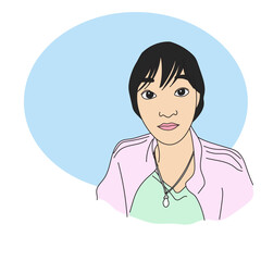 Obraz premium asian woman with blue copy space illustration vector hand drawn isolated on white background