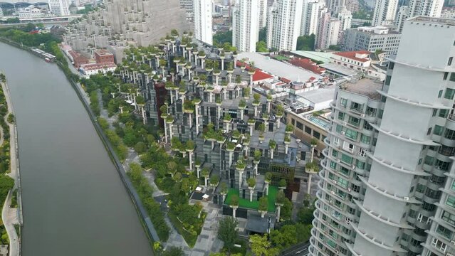 Aerial establishing shot of the 1000 Trees Shopping Mall in downtown Shanghai