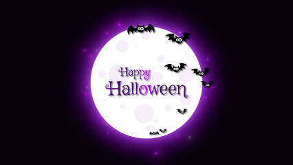 happy Halloween wallpaper, moon and bats flying with text on dark background 