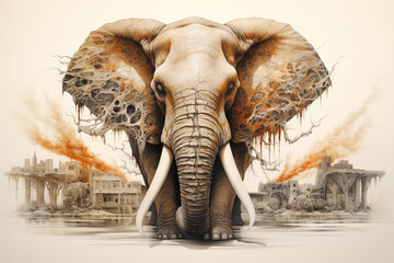 Image of abstract fantasy of angry big elephant and flames. Wildlife Animals. Illustration, Generative AI.