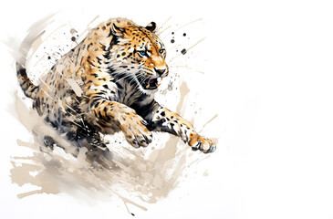 Watercolor painting of cheetah running on white background. Wildlife Animals. Illustration, Generative AI.