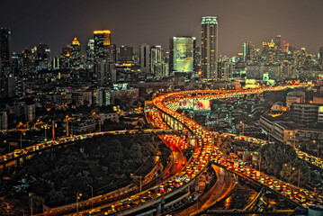Night view of the city, highway in Bangkok, Thailand.