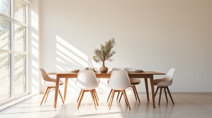 A dining room table with chairs and a vase on it. Generative AI.