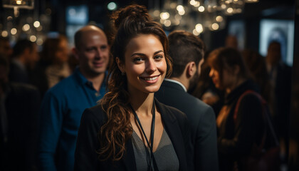 Obraz premium Young adults enjoying nightlife in a crowded nightclub, smiling and looking confident generated by AI