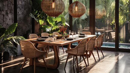 modern tropical dining room design interior design inspiration - obrazy, fototapety, plakaty
