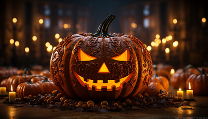 Spooky Halloween night glowing pumpkin lanterns illuminate the dark generated by AI
