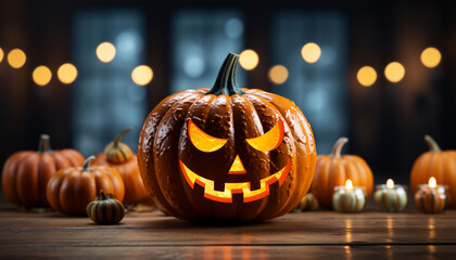 Spooky Halloween night, glowing pumpkin lanterns illuminate the dark generated by AI
