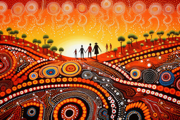 Ai artwork in style of indigenous Australian art. Abstract background with circles and earthy tones of reds, orange and brown and black. Generative ai.