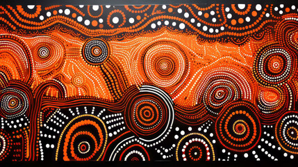 Ai artwork in style of indigenous Australian art. Abstract background with circles and earthy tones of reds, orange and brown and black. Generative ai.