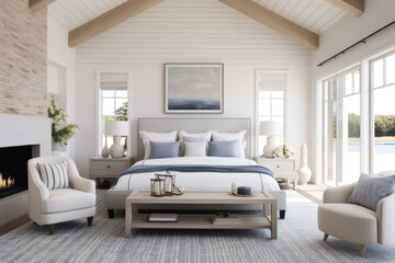 Photorealistic ai artwork of a modern bedroom in Hamptons style. Generative ai.
