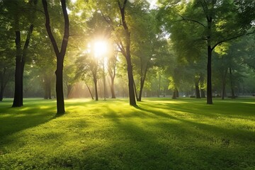 Beautiful public park with green grass field on morning light Created with Generative AI technology.