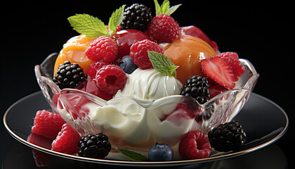 Fresh berry dessert with yogurt, cream, and mint leaf decoration generated by AI