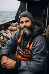 Obraz premium In the heart of the fishing industry, a hardworking fisherman tends to his nets and equipment, showcasing the dedication and traditions that sustain coastal fishing communities while providing the cat