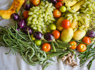 fresh seasonal vegetables and fruits, Concept of healthy nutrition and organic food.