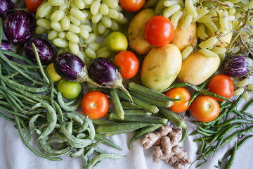 fresh seasonal vegetables and fruits, Concept of healthy nutrition and organic food.