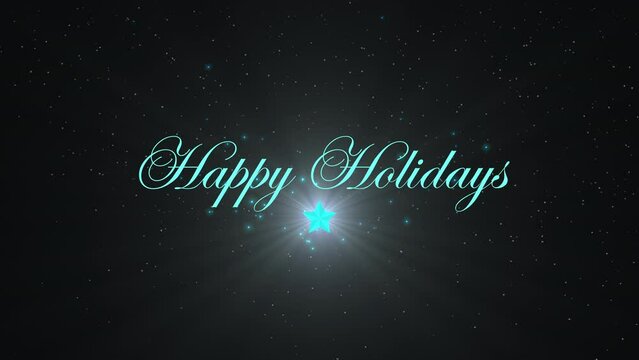 Happy Holidays with blue star and flying glitters on blue gradient, motion holidays and winter style background for New Year and Merry Christmas